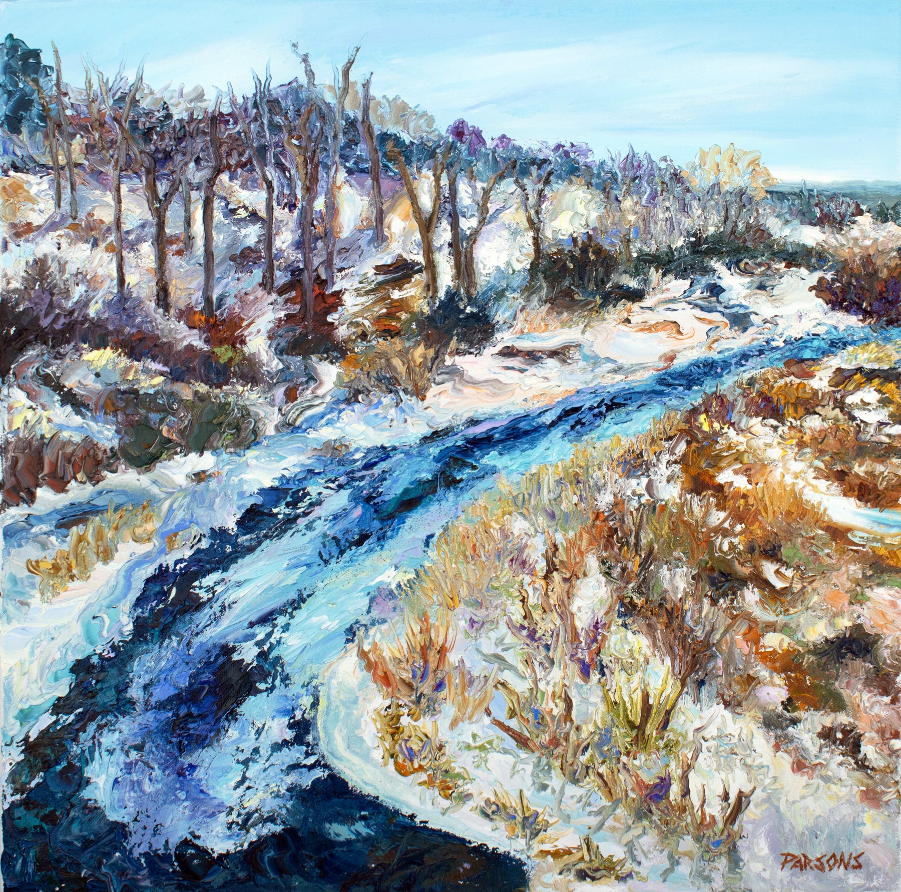 Creek in Winter. Pennsylvania Landscape, original impressionist oil painting.