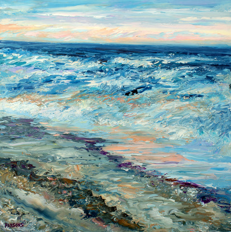 Ocean Sunset. Long Beach Island, Jersey Shore, Original Impressionist Painting, Oil on Panel.