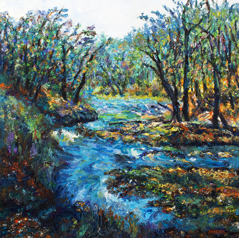 Wissahickon Creek. Oil on panel painting, by Pamela Parsons. 14x14"