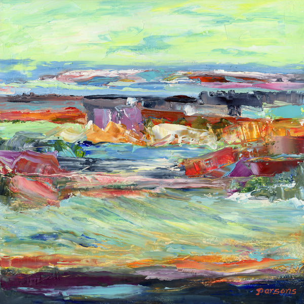 Abstract Beach Painting. Original Palette Knife Oil on Panel. Rocky Shore. by Pamela Parsons.