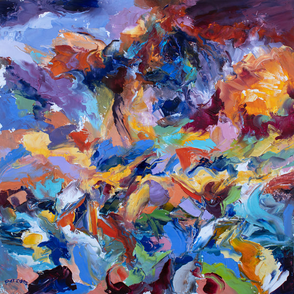 Colorful Abstract Expressionist Oil on cradled birch panel. Original painting. Size 12x12"