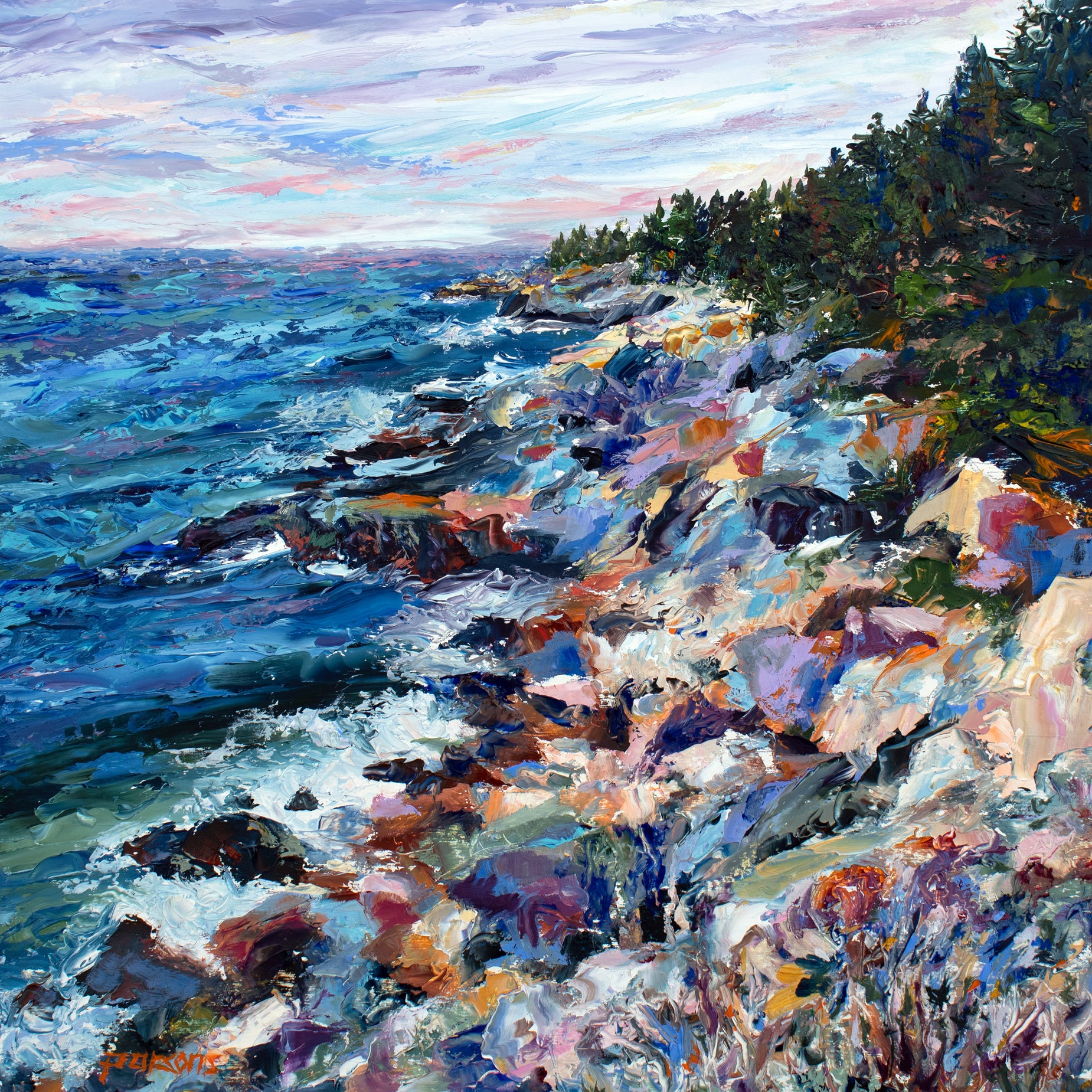 Rocky Coast, Acadia National Park, Maine. Original oil on birch panel painting.