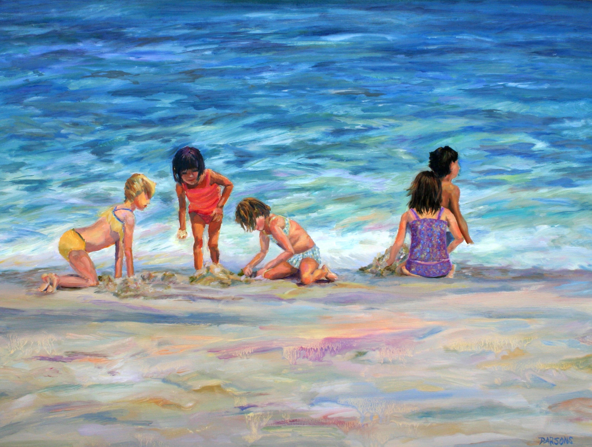 Beach Kids, Impressionist Oil Painting, Original Oil on Panel, by Pamela Parsons, Long Beach Island, Jersey Shore