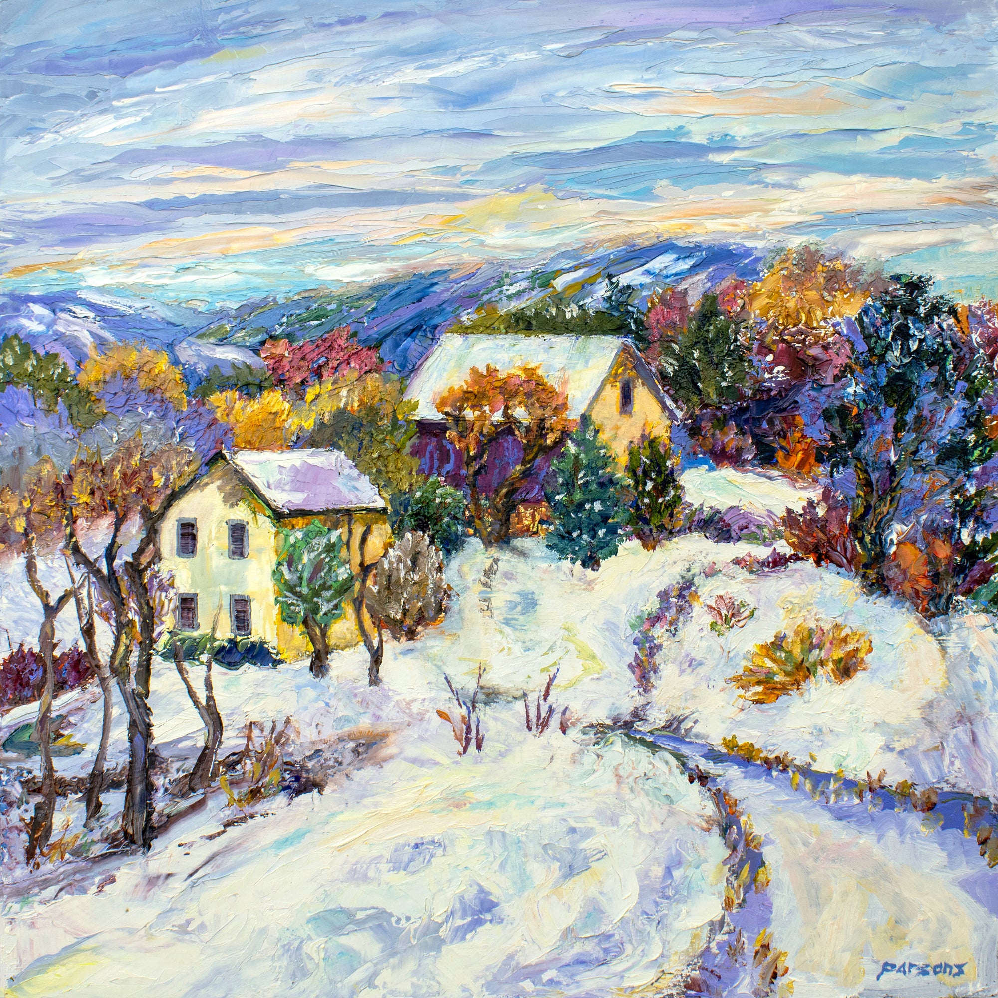 Bucks County Snow. Original impressionist, landscape painting. Winter Scene in Pennsylvania.