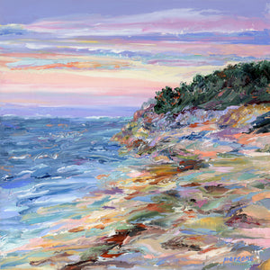 Sunset on Kingsbury Beach, Cape Cod, Massachusetts. Original impressionist painting. Oil on cradled birch panel. 10x10"