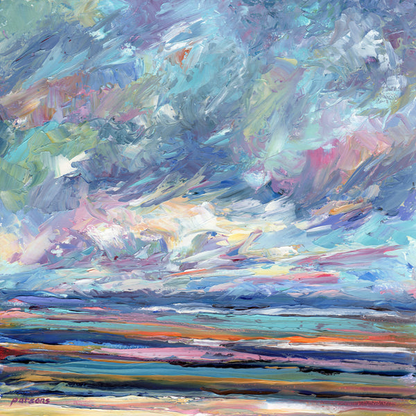 An original impressionist oil painting featuring a seascape with clouds and a sky, signed by Pamela Parsons. Tidal Flats, Cape Cod, Massachusetts.
