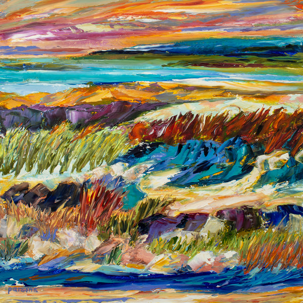 A vibrant oil painting of a Cape Cod, Massachusetts beach scene with a palette knife technique, featuring various colors including blue, green, yellow, and red.