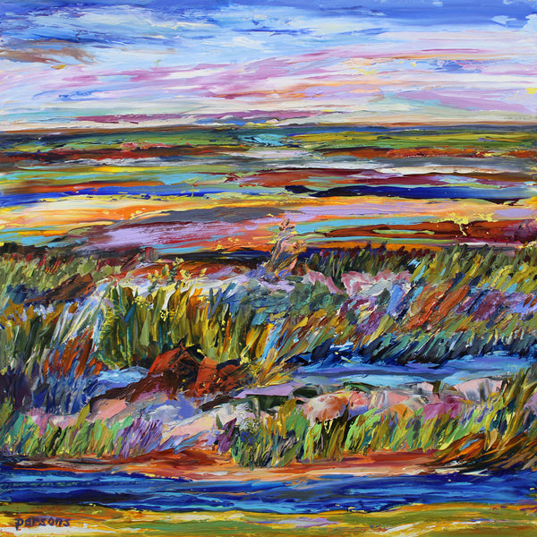 An original oil on cradled birch panel painting featuring a vibrant Cape Cod marsh scene with abstract elements.