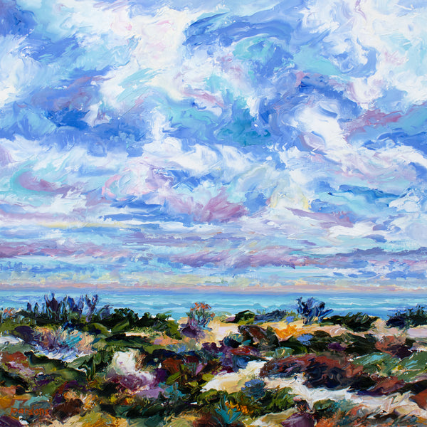 An original oil painting on cradled birch panel featuring a vibrant seascape with a cloudy sky and calm sea, inspired by the beaches of Cape Cod.