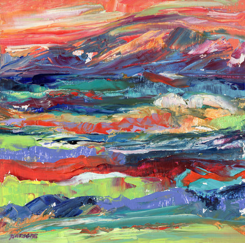 Original Abstract landscape. Oil Painting. Mountain and Sea. Oil on panel.