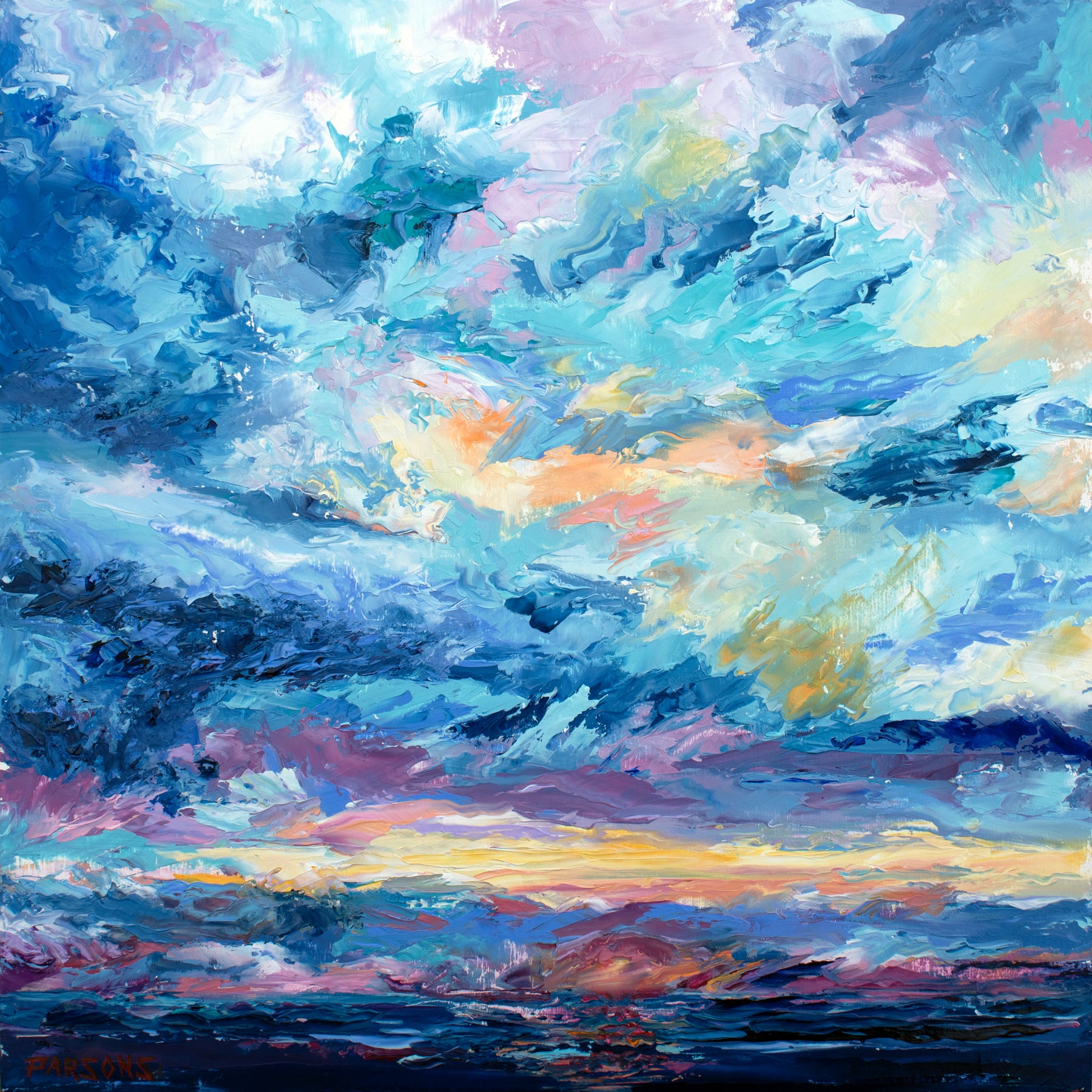 Ocean Sunrise. Original impressionist oil painting. 12x12". Oil on cradled birch panel. Palette knife impasto technique.