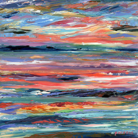 Cape Cod Sunset. Original palette knife oil painting. Oil on cradled birch. 8x8"
