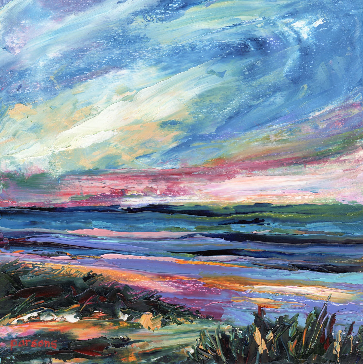Sunset, Jersey Shore. Original oil on panel painting. By Pamela Parsons