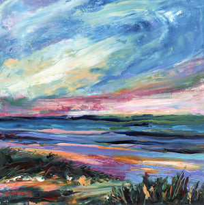 Sunset, Jersey Shore. Original oil on panel painting. By Pamela Parsons