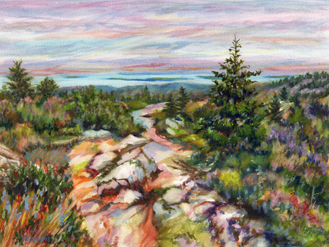 Cadillac Mountain, Acadia National Park, Maine. Original watercolor painting, Matted to 16x20'. by Pamela Parsons. Mt. Desert Island.