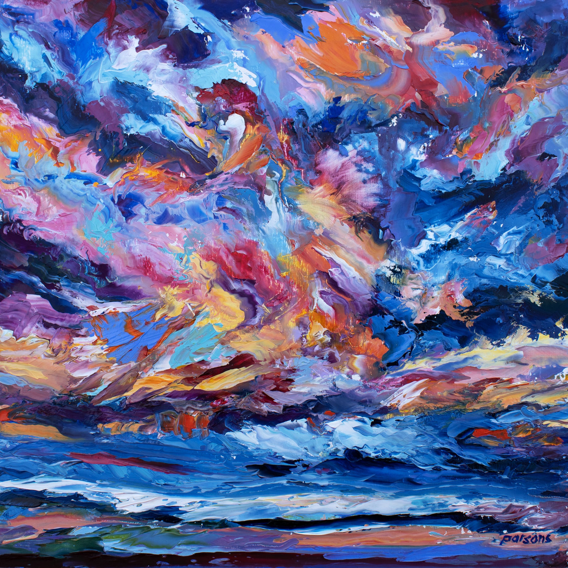Dragon Sky. Original oil on panel painting. Abstract cloudscape. Seascape.