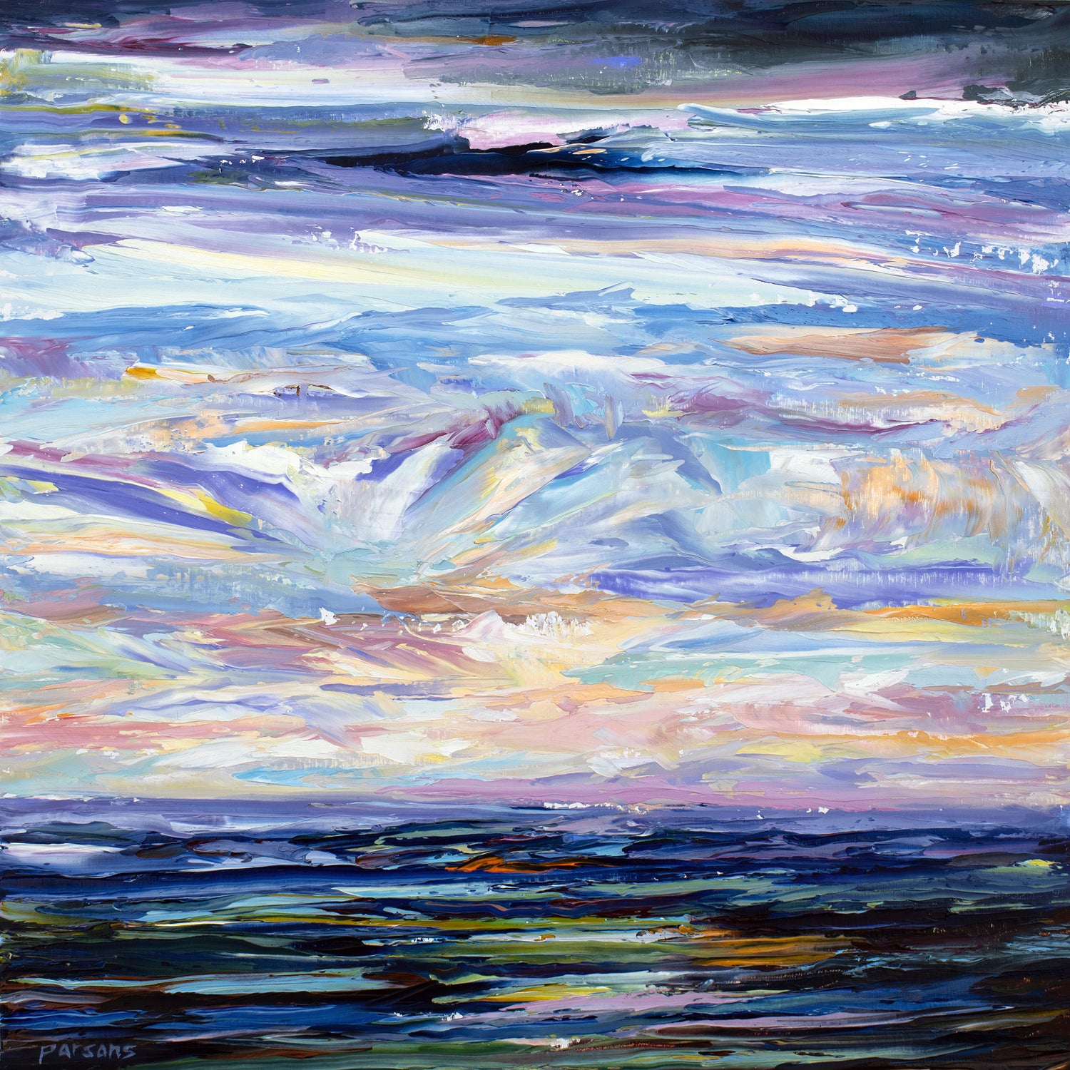 Dark Water Sunset, Cape Cod Bay, Massachusetts. Original Oil on cradled birch panel painting.