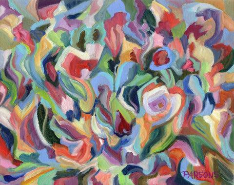 Garden Party, original abstract expressionist, floral painting, oil on canvas.